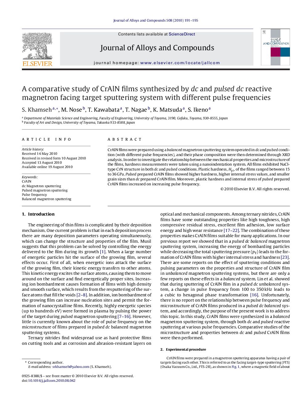 A comparative study of CrAlN films synthesized by dc and pulsed dc reactive magnetron facing target sputtering system with different pulse frequencies