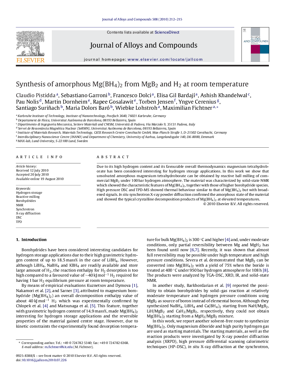 Synthesis of amorphous Mg(BH4)2 from MgB2 and H2 at room temperature