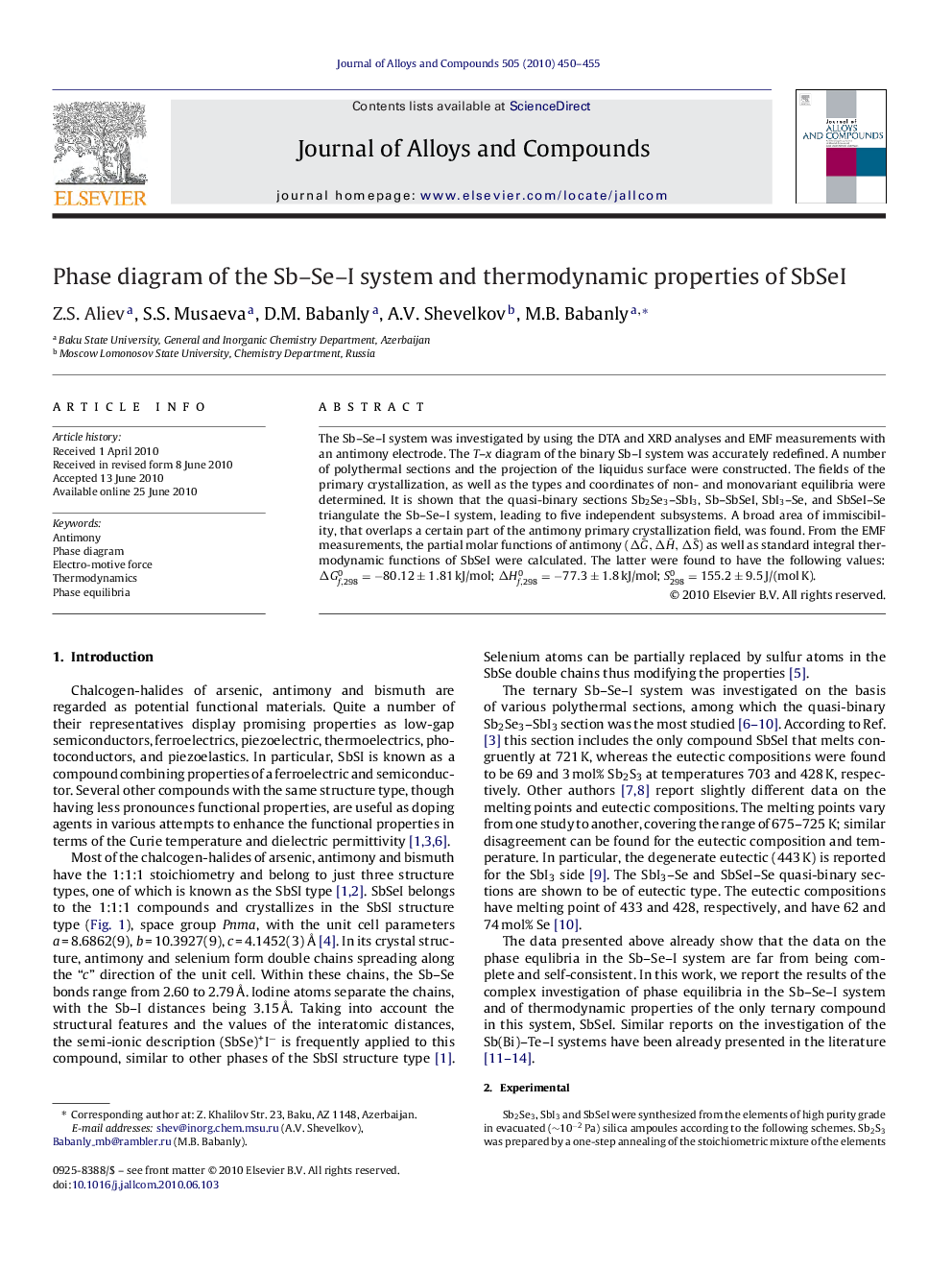 Phase diagram of the Sb–Se–I system and thermodynamic properties of SbSeI