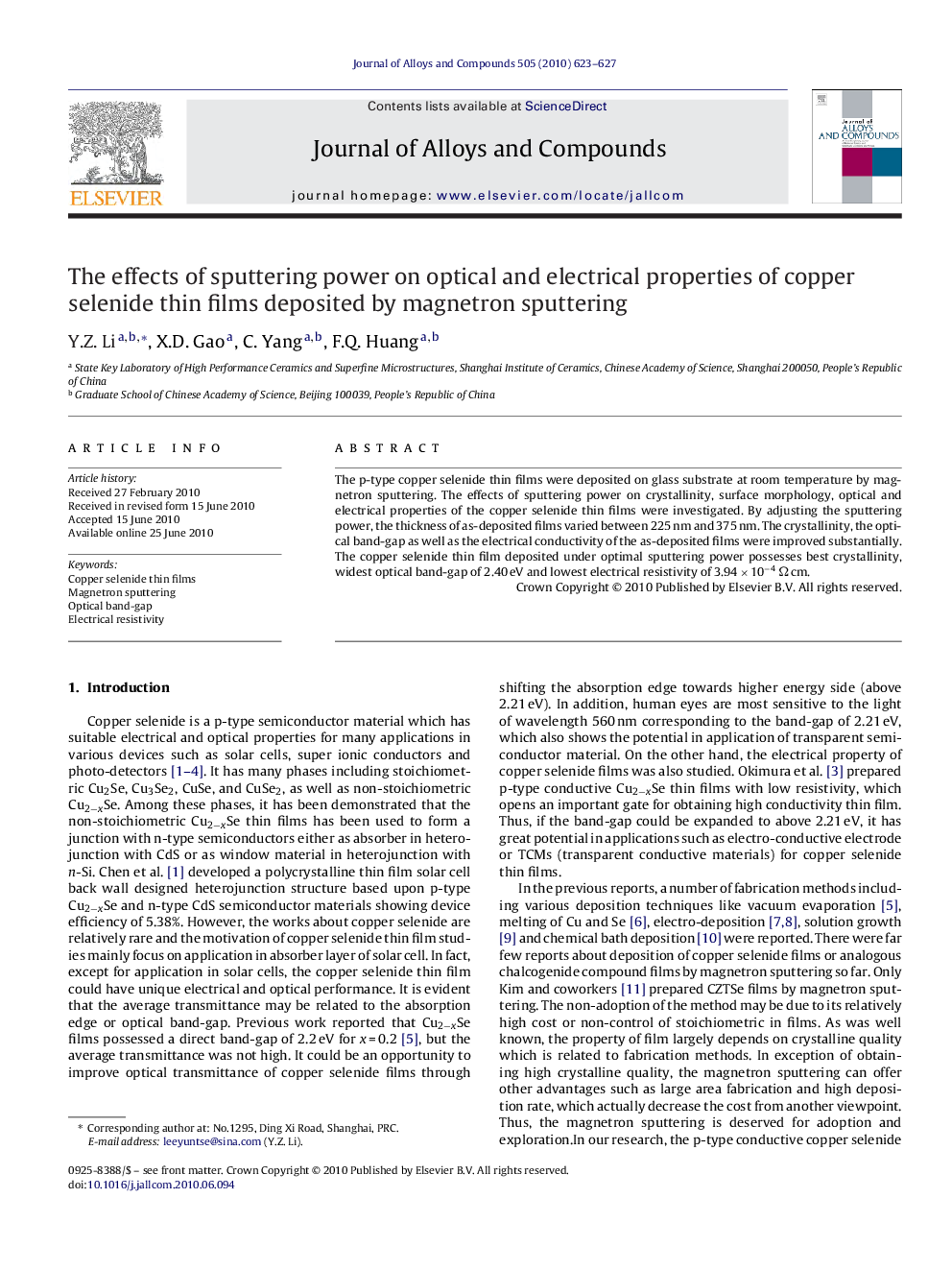 The effects of sputtering power on optical and electrical properties of copper selenide thin films deposited by magnetron sputtering