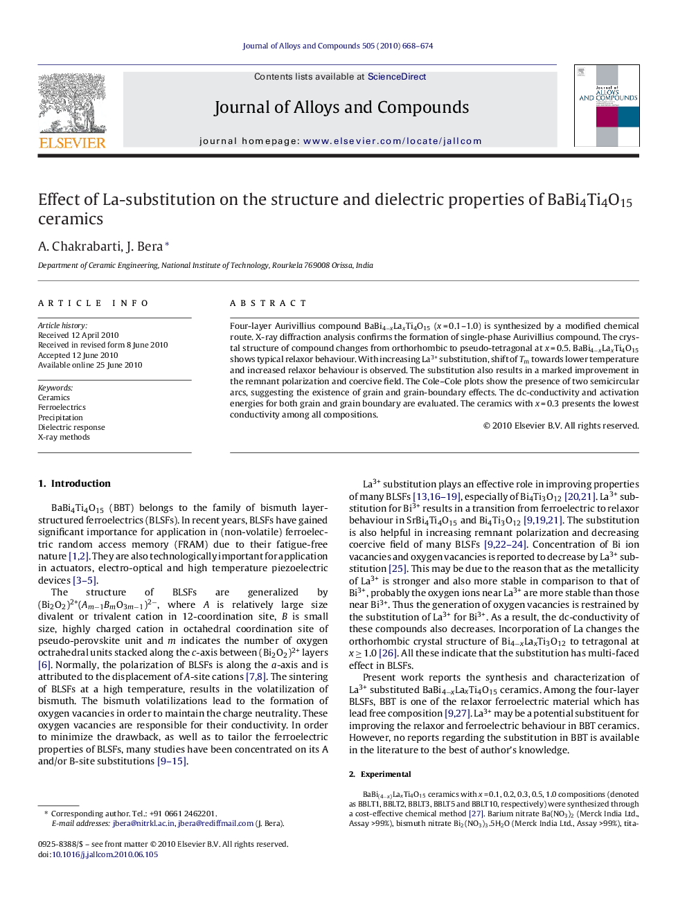 عکس صفحه اول مقاله: Effect of La-substitution on the structure and dielectric properties of BaBi4Ti4O15 ceramics Effect of La-substitution on the structure and dielectric properties of BaBi4Ti4O15 ceramics