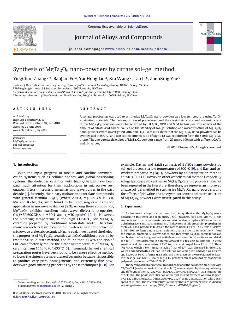 Synthesis of MgTa2O6 nano-powders by citrate sol–gel method