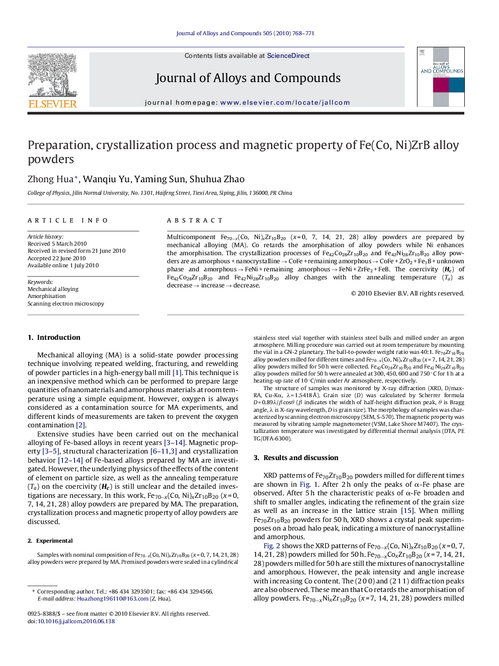 Preparation, crystallization process and magnetic property of Fe(Co, Ni)ZrB alloy powders