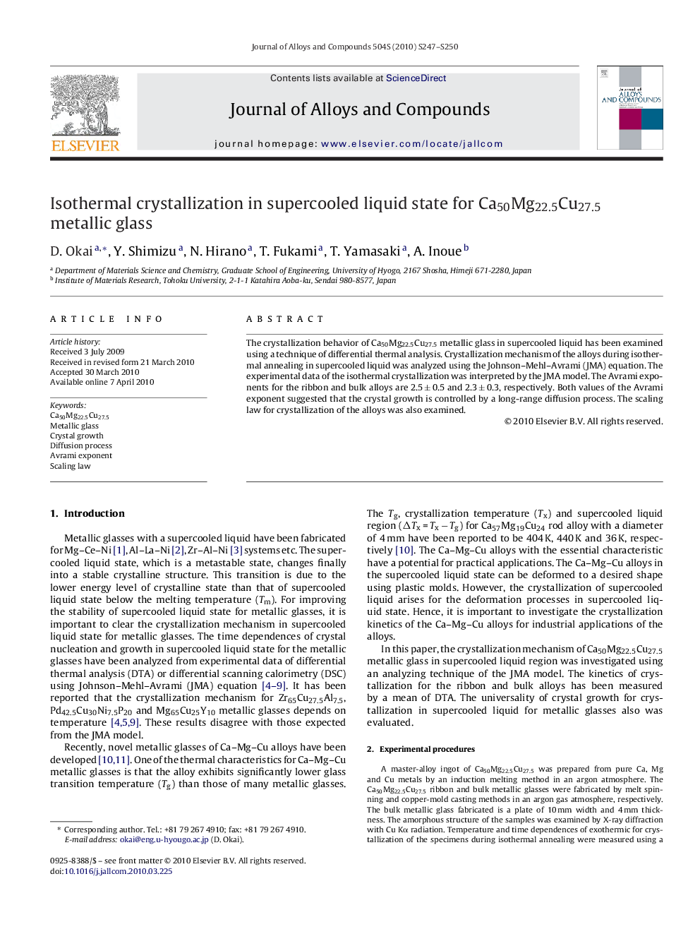 Isothermal crystallization in supercooled liquid state for Ca50Mg22.5Cu27.5 metallic glass