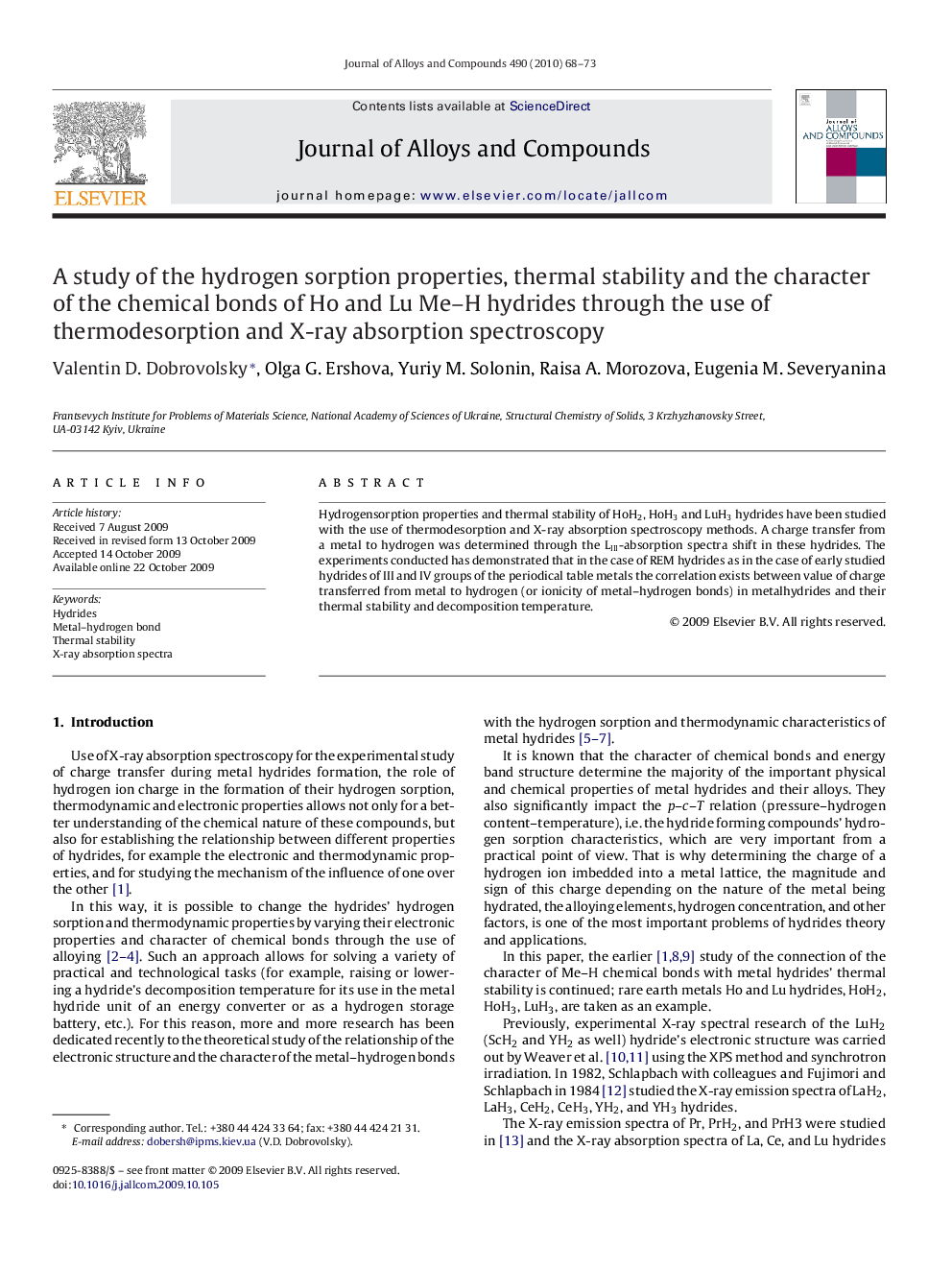 A study of the hydrogen sorption properties, thermal stability and the character of the chemical bonds of Ho and Lu Me-H hydrides through the use of thermodesorption and X-ray absorption spectroscopy