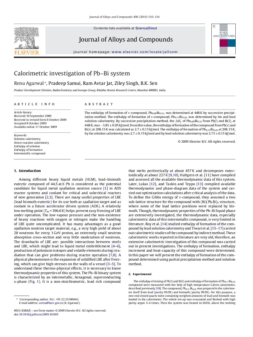 Calorimetric investigation of Pb–Bi system