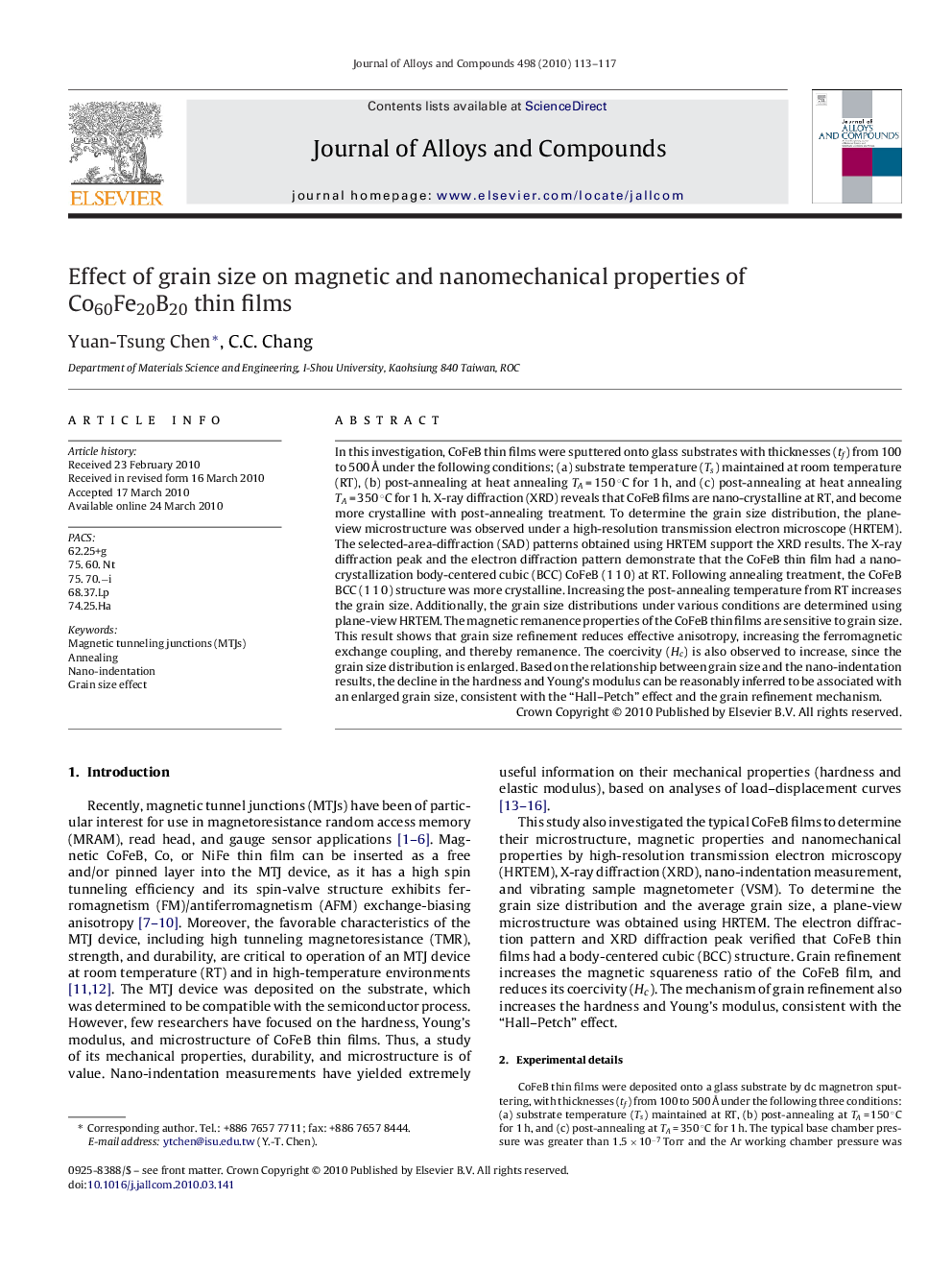 Effect of grain size on magnetic and nanomechanical properties of Co60Fe20B20 thin films