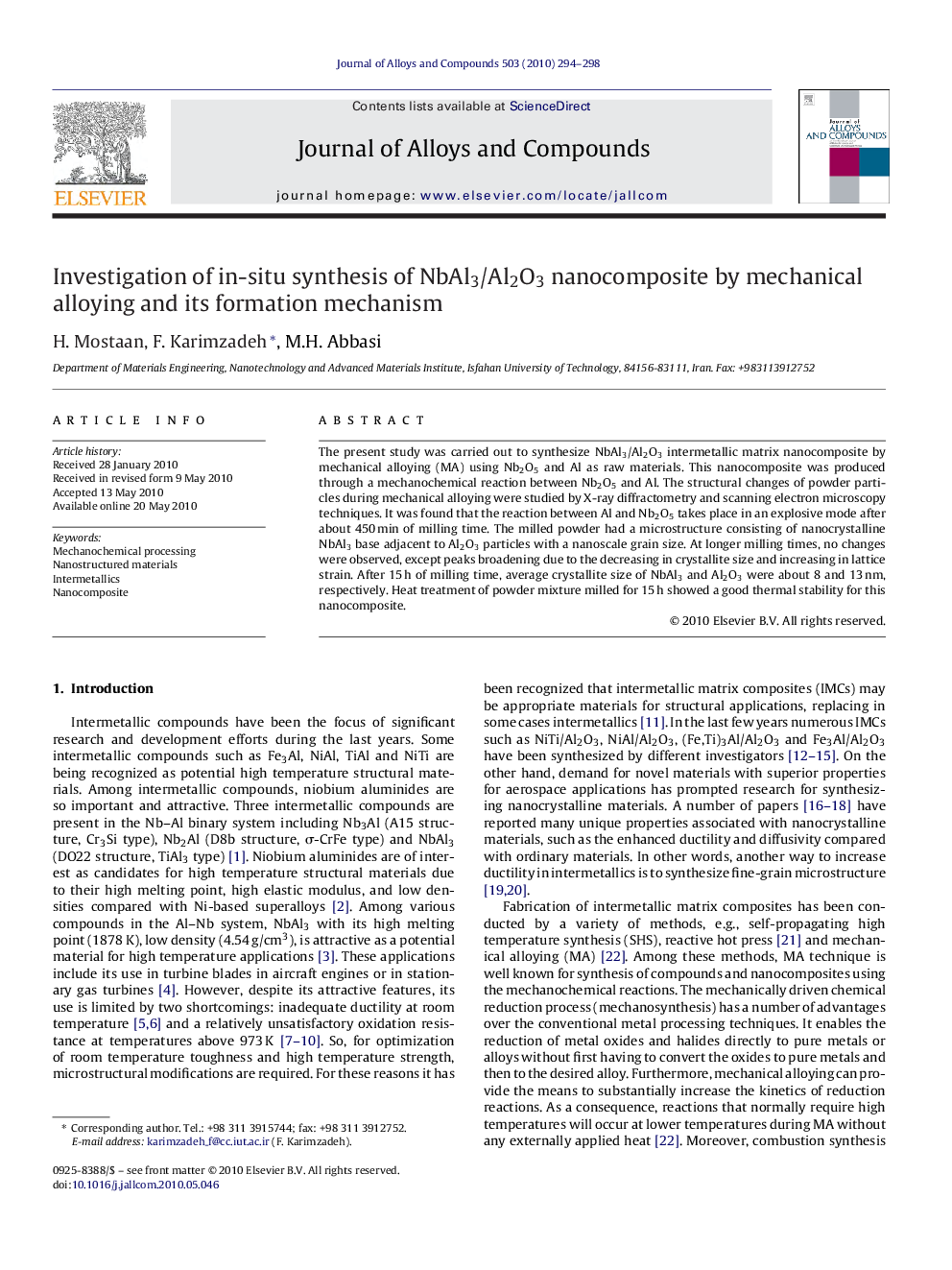 Investigation of in-situ synthesis of NbAl3/Al2O3 nanocomposite by mechanical alloying and its formation mechanism