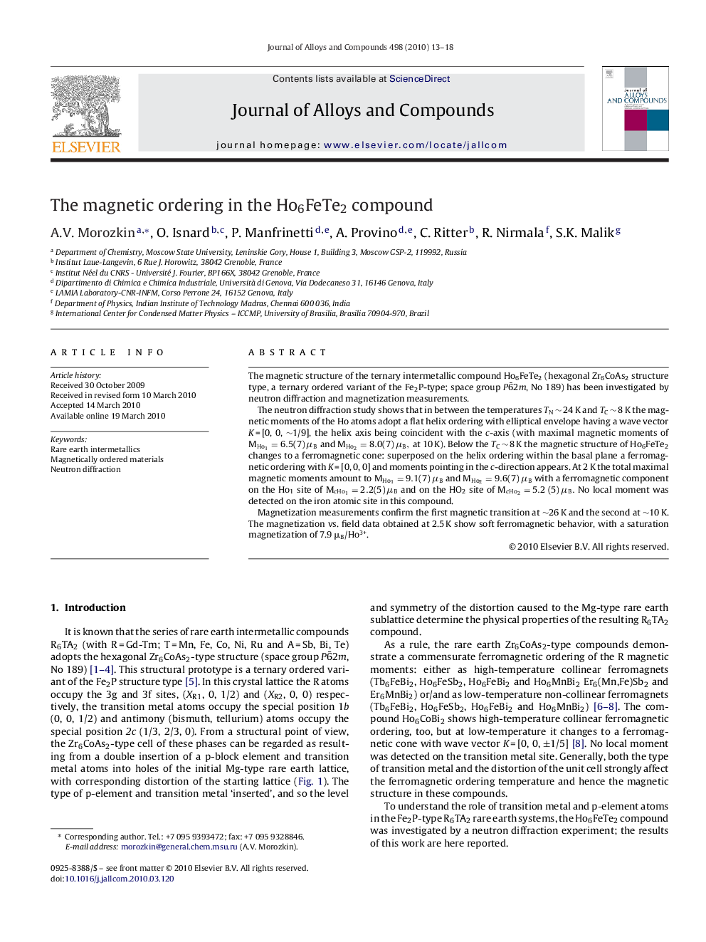 The magnetic ordering in the Ho6FeTe2 compound