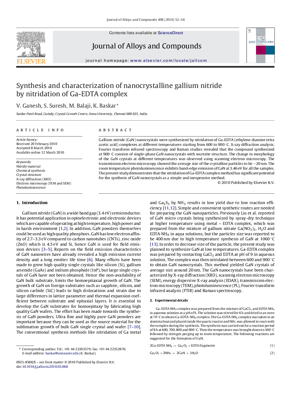 Synthesis and characterization of nanocrystalline gallium nitride by nitridation of Ga-EDTA complex