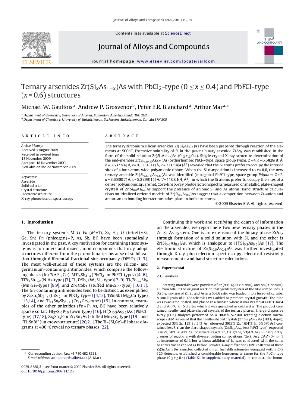 Ternary arsenides Zr(SixAs1−x)As with PbCl2-type (0 ≤ x ≤ 0.4) and PbFCl-type (x = 0.6) structures