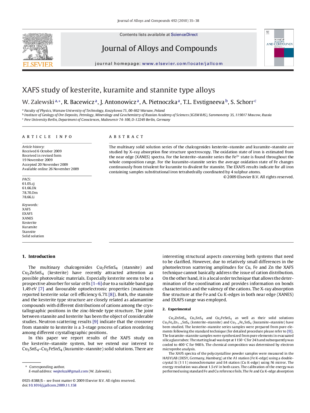 XAFS study of kesterite, kuramite and stannite type alloys