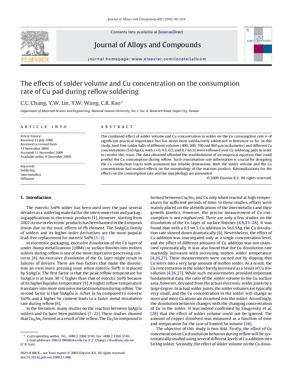 The effects of solder volume and Cu concentration on the consumption rate of Cu pad during reflow soldering