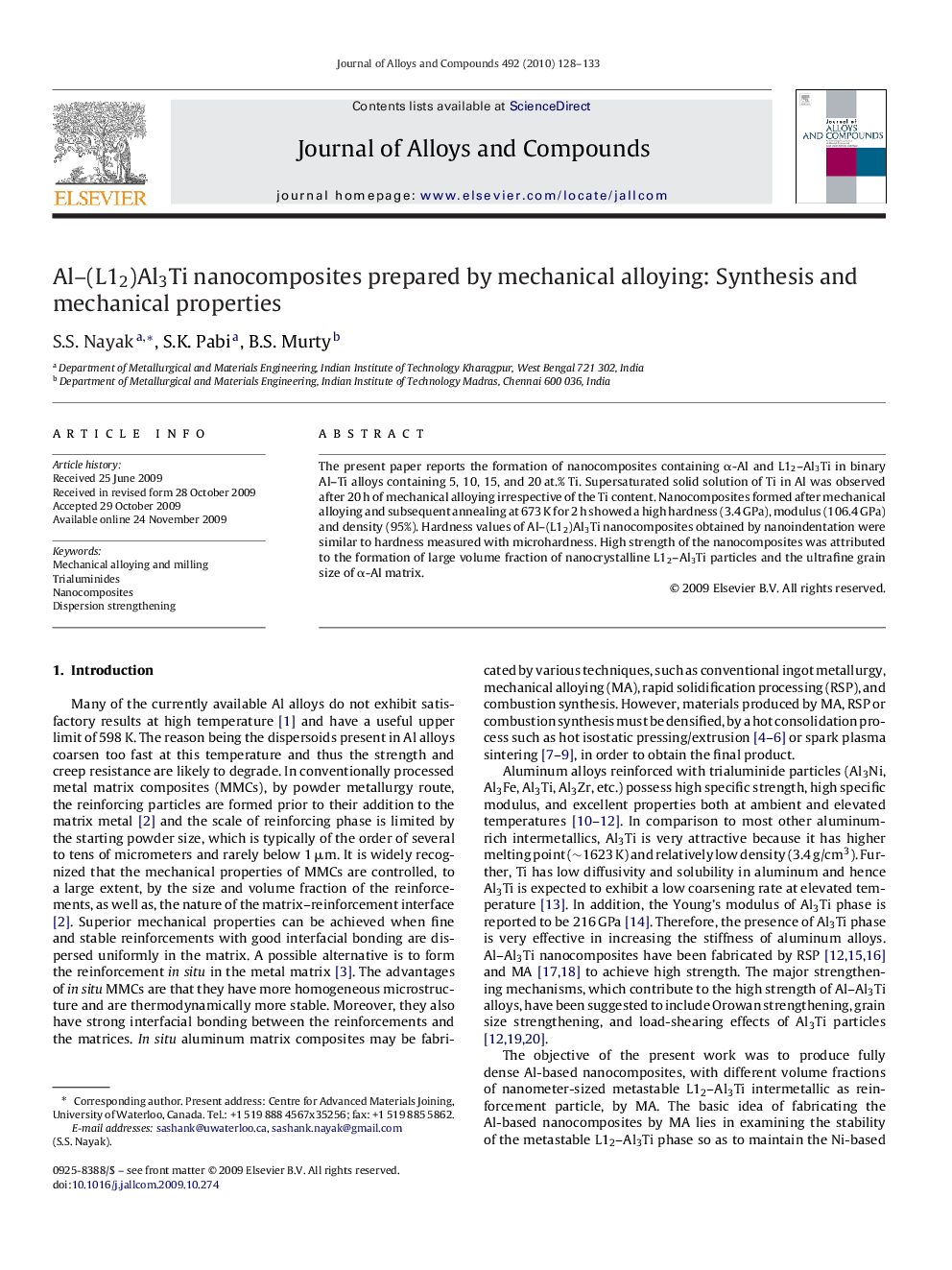 Al–(L12)Al3Ti nanocomposites prepared by mechanical alloying: Synthesis and mechanical properties