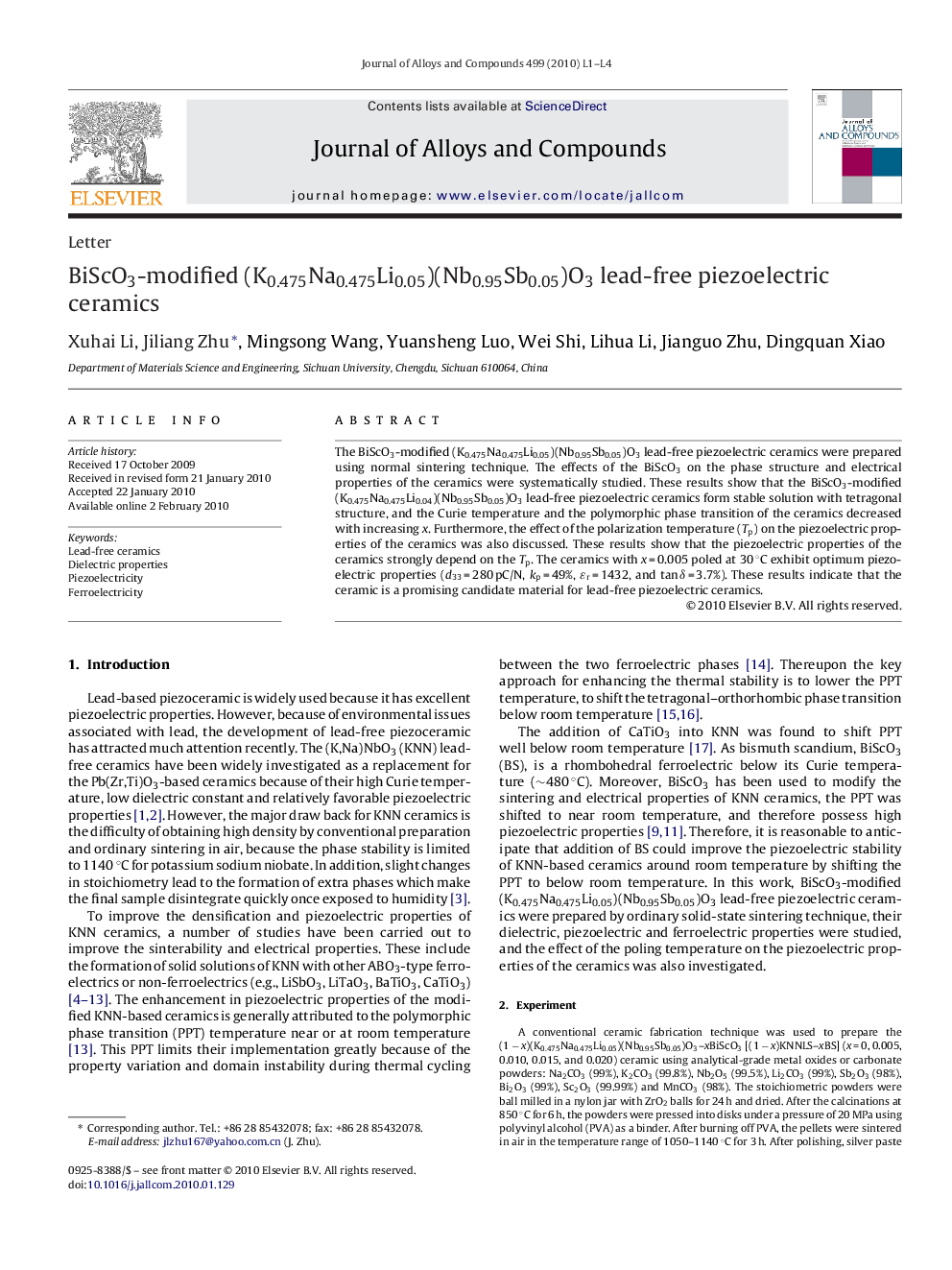 BiScO3-modified (K0.475Na0.475Li0.05)(Nb0.95Sb0.05)O3 lead-free piezoelectric ceramics