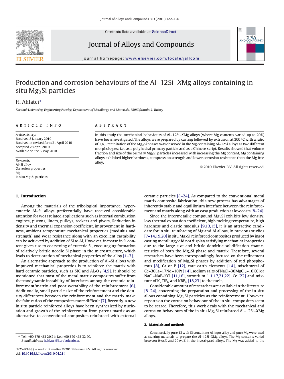 Production and corrosion behaviours of the Al–12Si–XMg alloys containing in situ Mg2Si particles