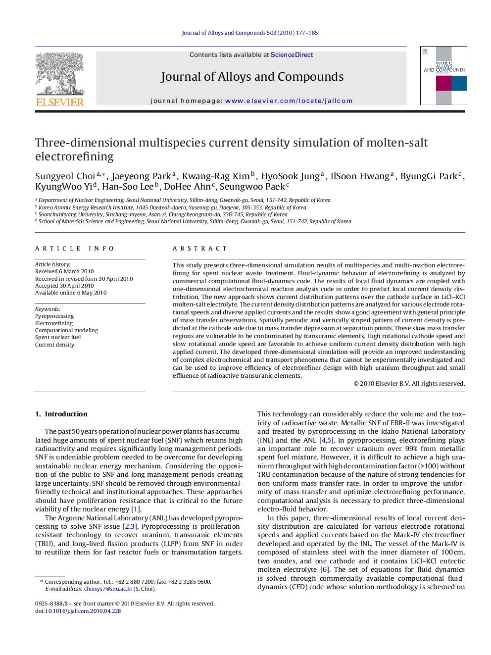 Three-dimensional multispecies current density simulation of molten-salt electrorefining