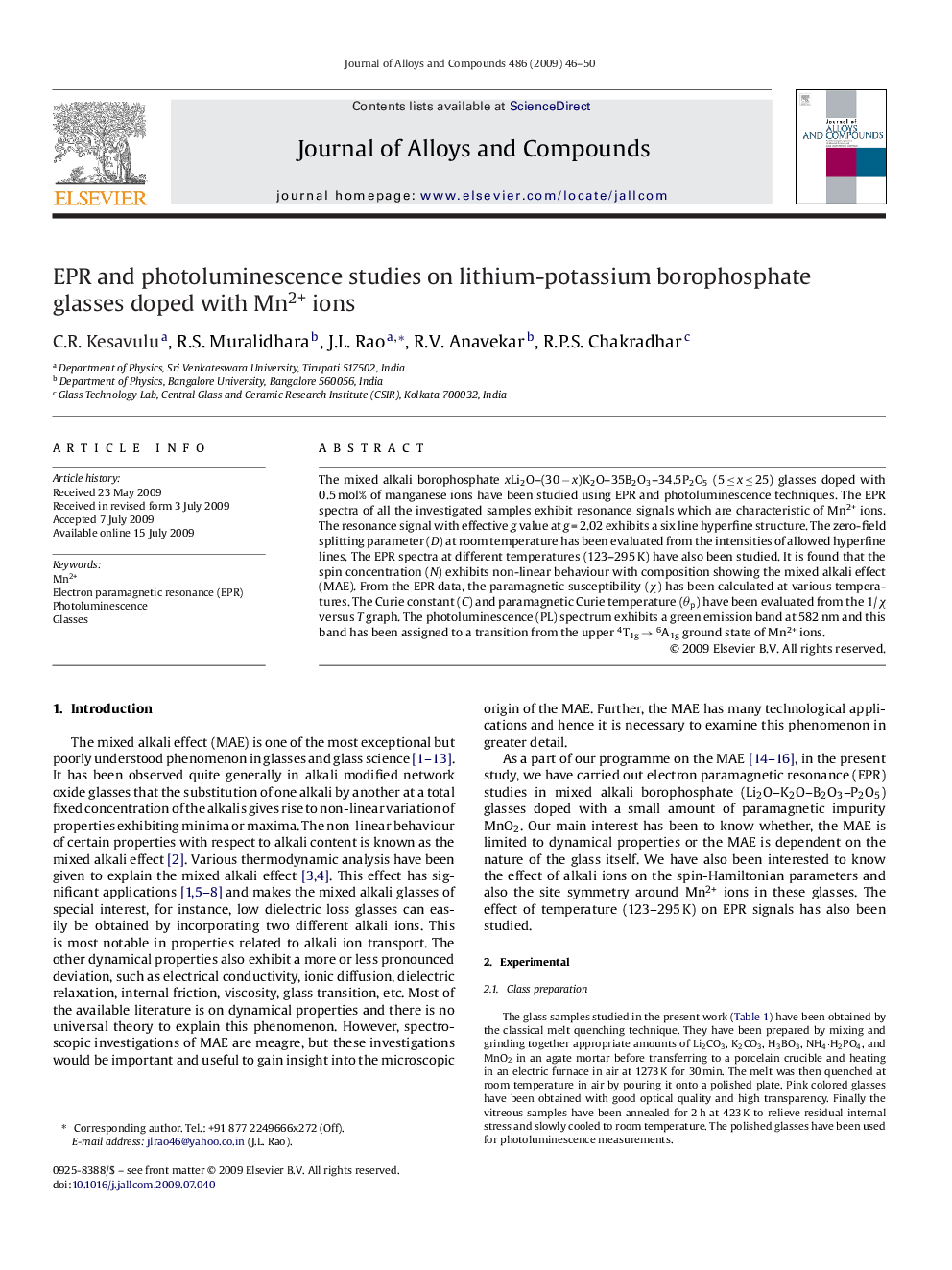 EPR and photoluminescence studies on lithium-potassium borophosphate glasses doped with Mn2+ ions