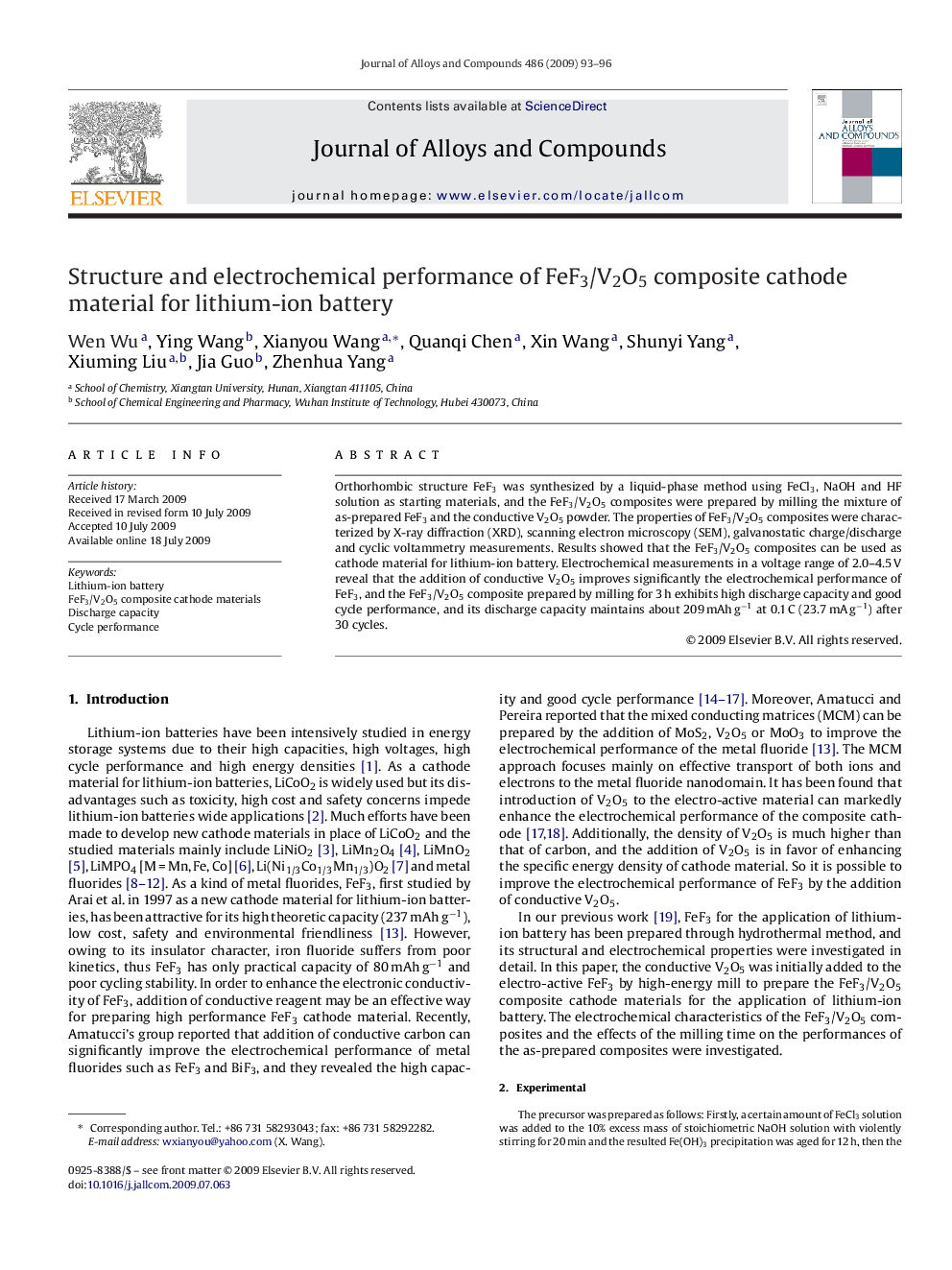 Structure and electrochemical performance of FeF3/V2O5 composite cathode material for lithium-ion battery