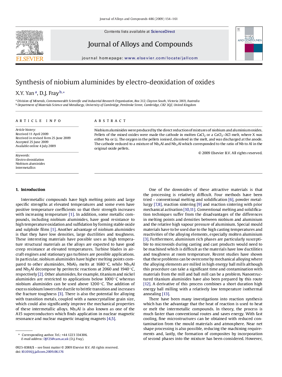 Synthesis of niobium aluminides by electro-deoxidation of oxides