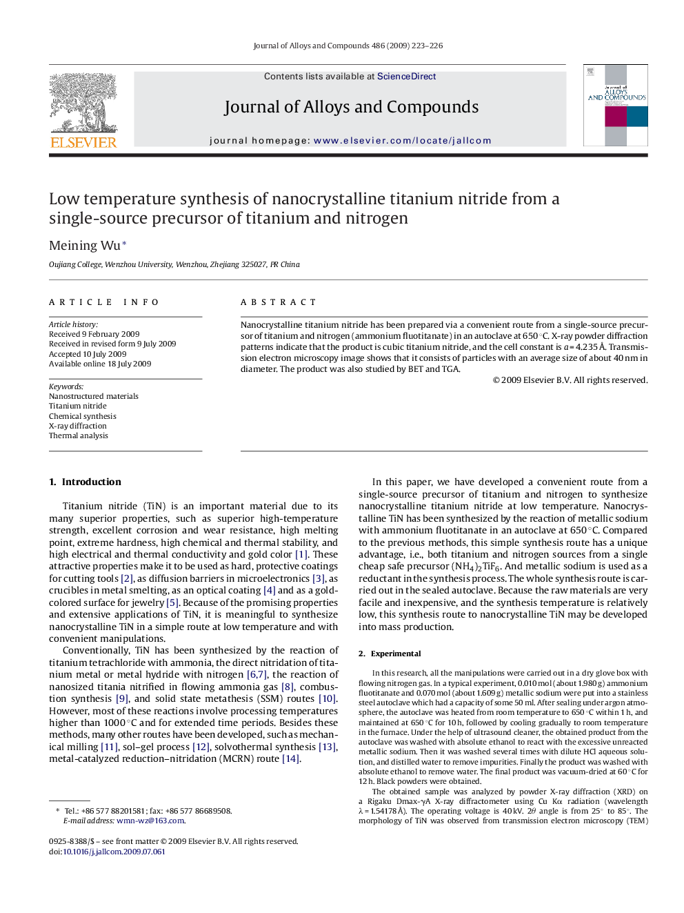 Low temperature synthesis of nanocrystalline titanium nitride from a single-source precursor of titanium and nitrogen