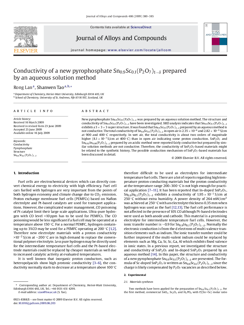 Conductivity of a new pyrophosphate Sn0.9Sc0.1(P2O7)1âÎ´ prepared by an aqueous solution method