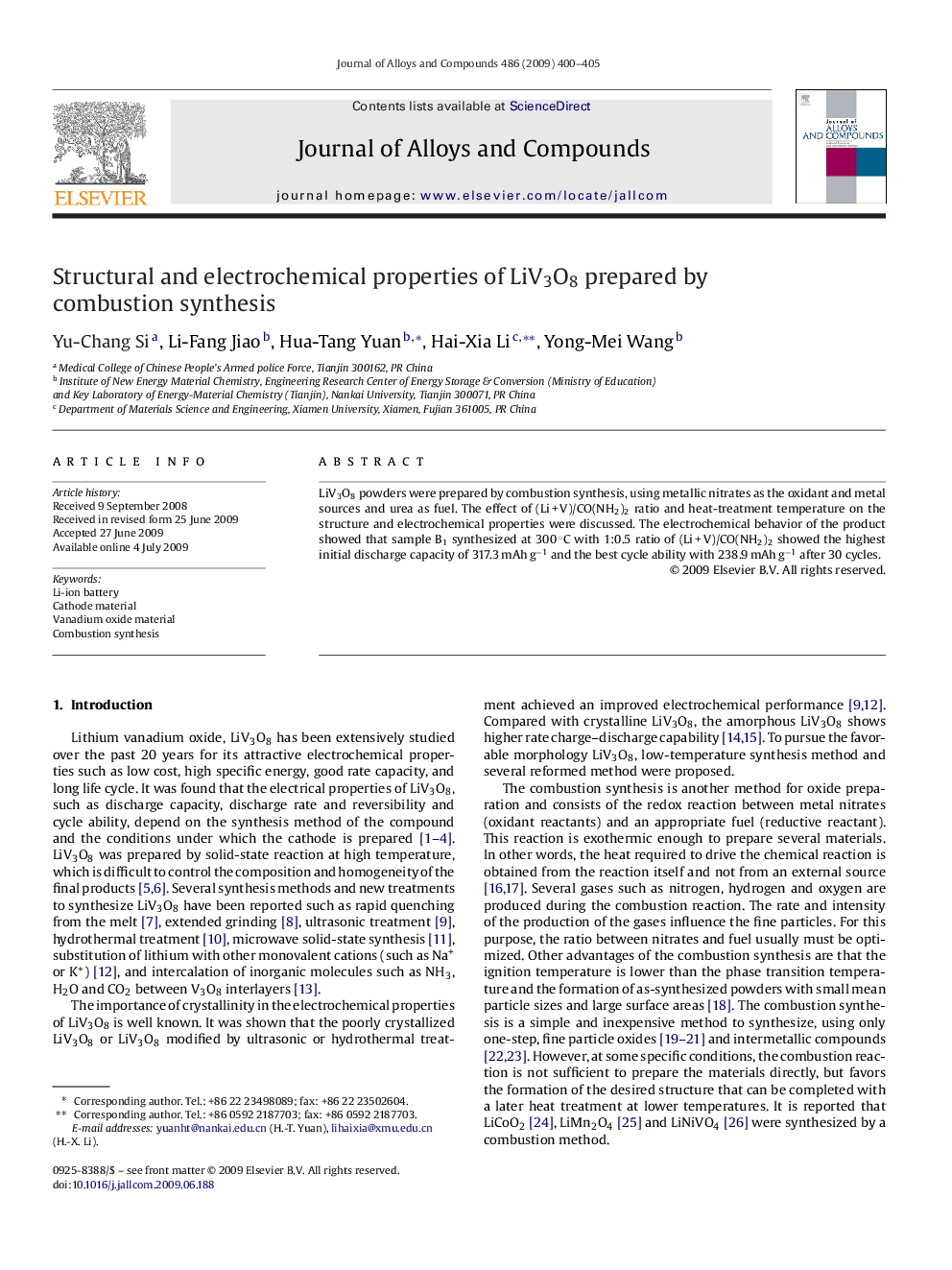 عکس صفحه اول مقاله: Structural and electrochemical properties of LiV3O8 prepared by combustion synthesis Structural and electrochemical properties of LiV3O8 prepared by combustion synthesis