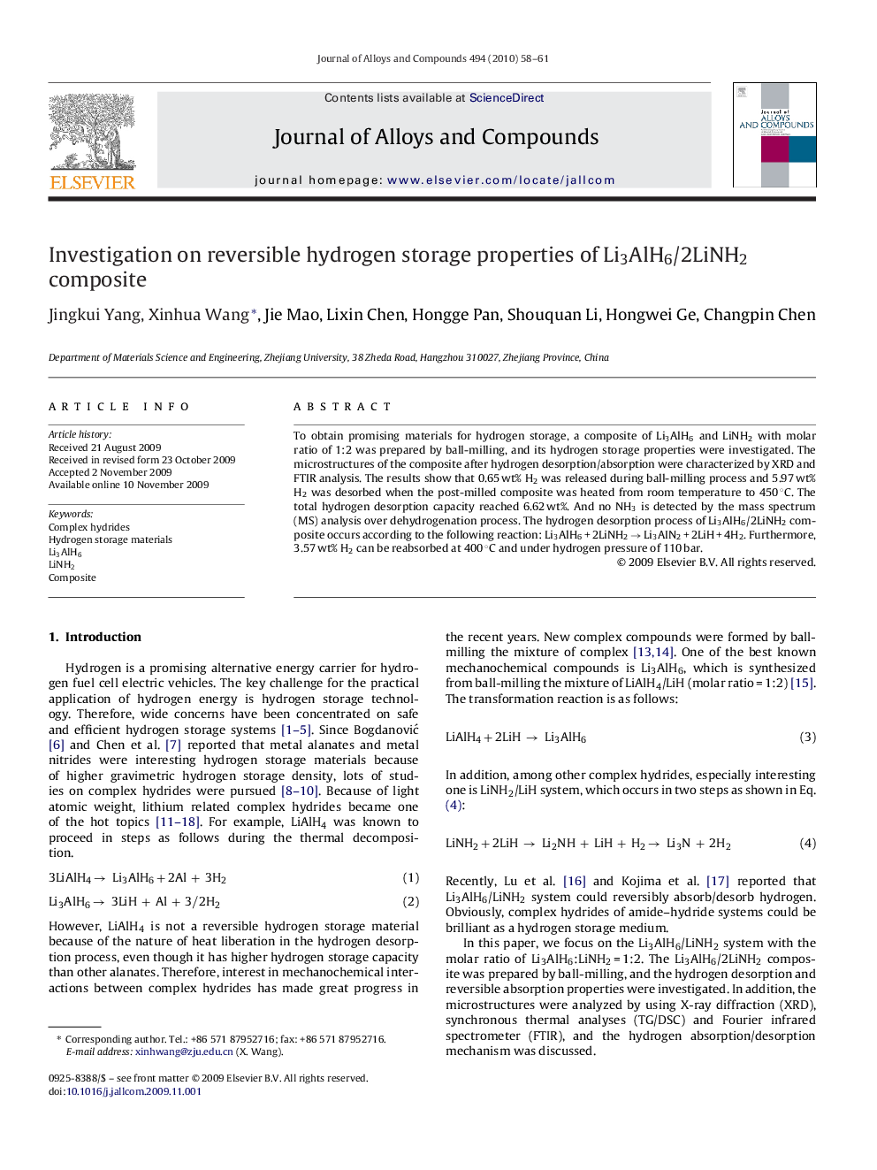 Investigation on reversible hydrogen storage properties of Li3AlH6/2LiNH2 composite