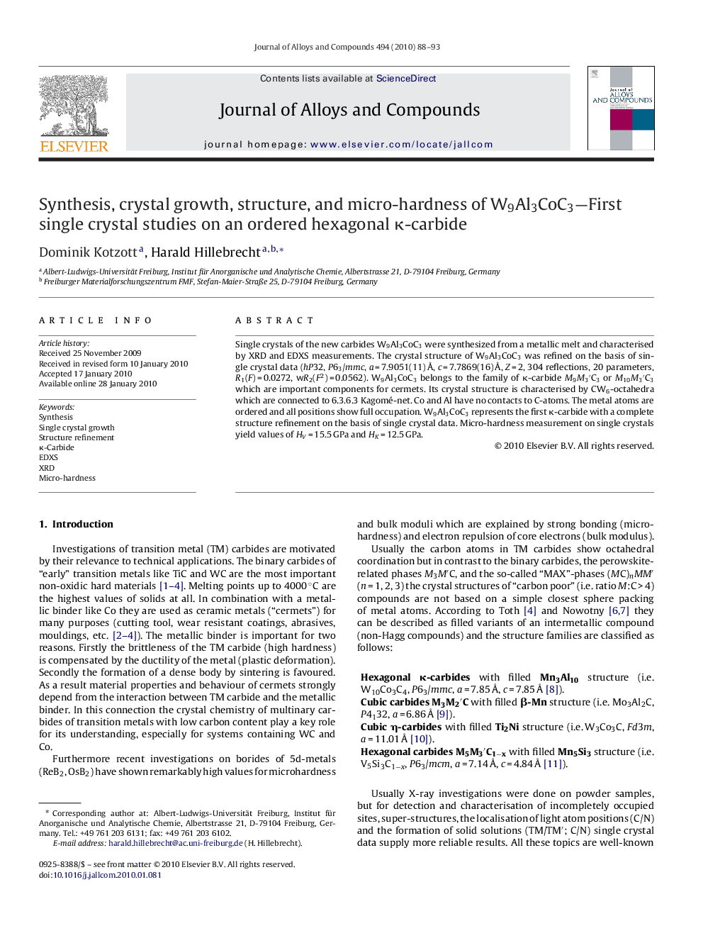 Synthesis, crystal growth, structure, and micro-hardness of W9Al3CoC3—First single crystal studies on an ordered hexagonal κ-carbide