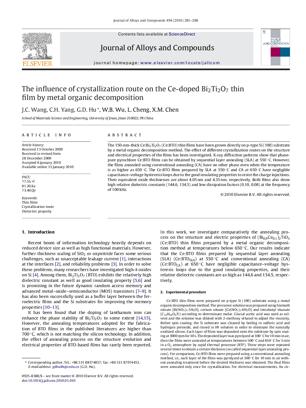 The influence of crystallization route on the Ce-doped Bi2Ti2O7 thin film by metal organic decomposition