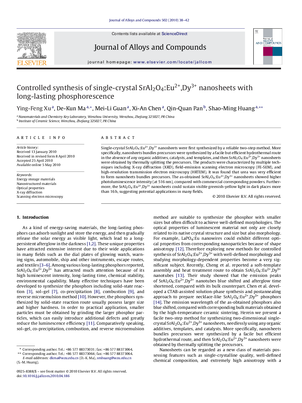 Controlled synthesis of single-crystal SrAl2O4:Eu2+,Dy3+ nanosheets with long-lasting phosphorescence