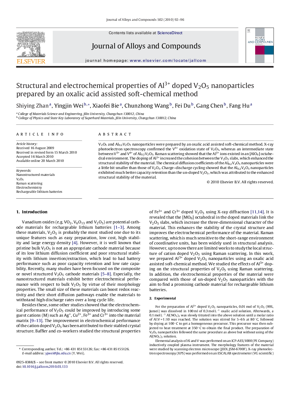 Structural and electrochemical properties of Al3+ doped V2O5 nanoparticles prepared by an oxalic acid assisted soft-chemical method