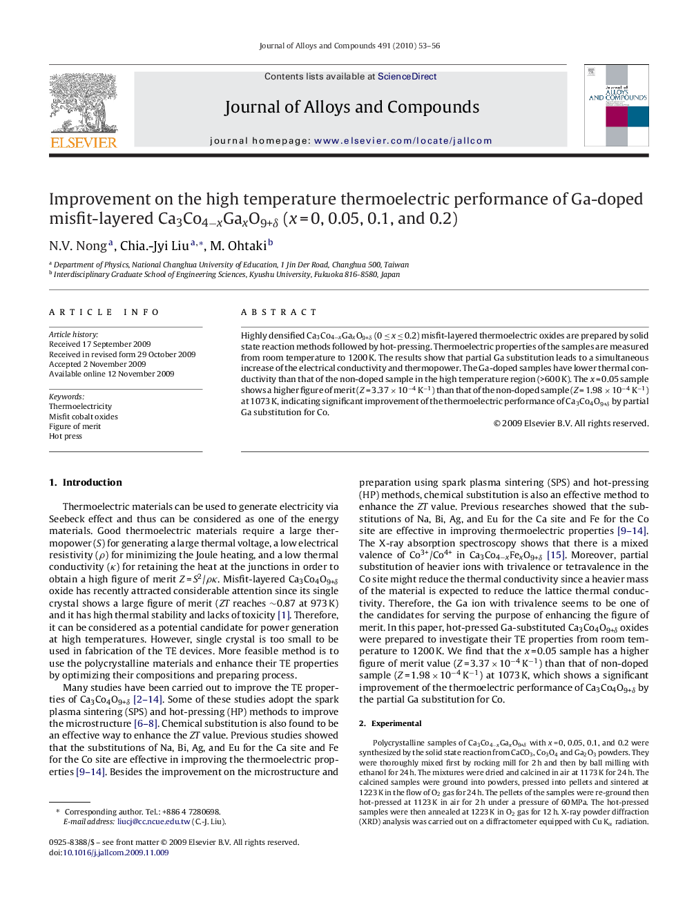 Improvement on the high temperature thermoelectric performance of Ga-doped misfit-layered Ca3Co4−xGaxO9+δ (x = 0, 0.05, 0.1, and 0.2)