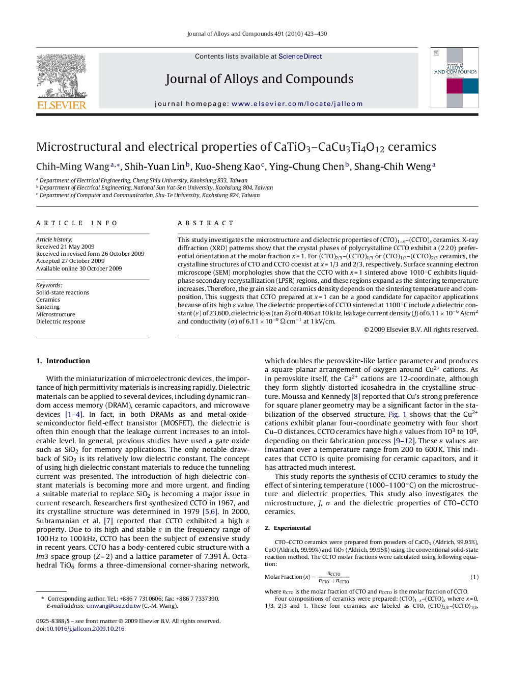 Microstructural and electrical properties of CaTiO3–CaCu3Ti4O12 ceramics