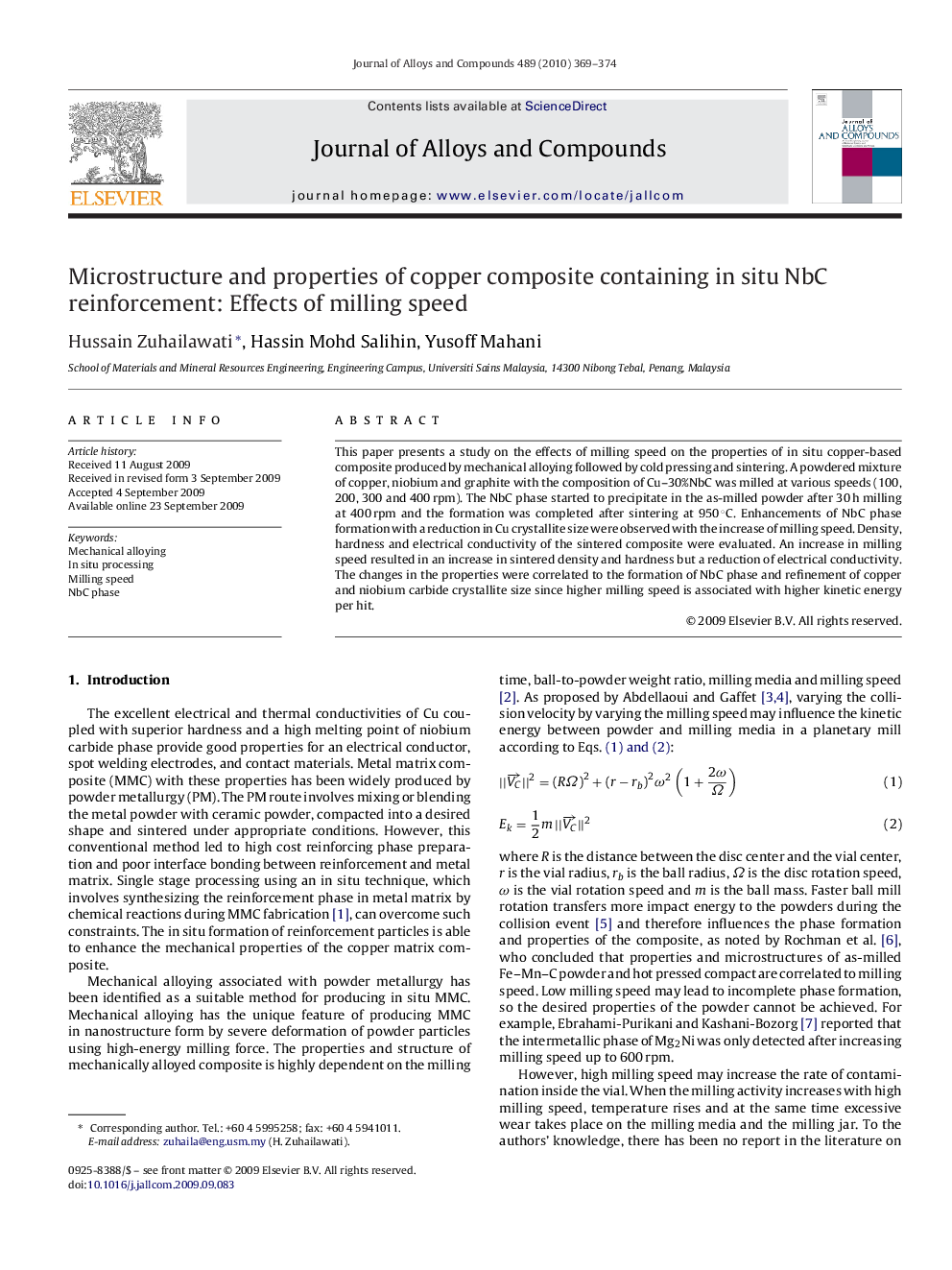 Microstructure and properties of copper composite containing in situ NbC reinforcement: Effects of milling speed