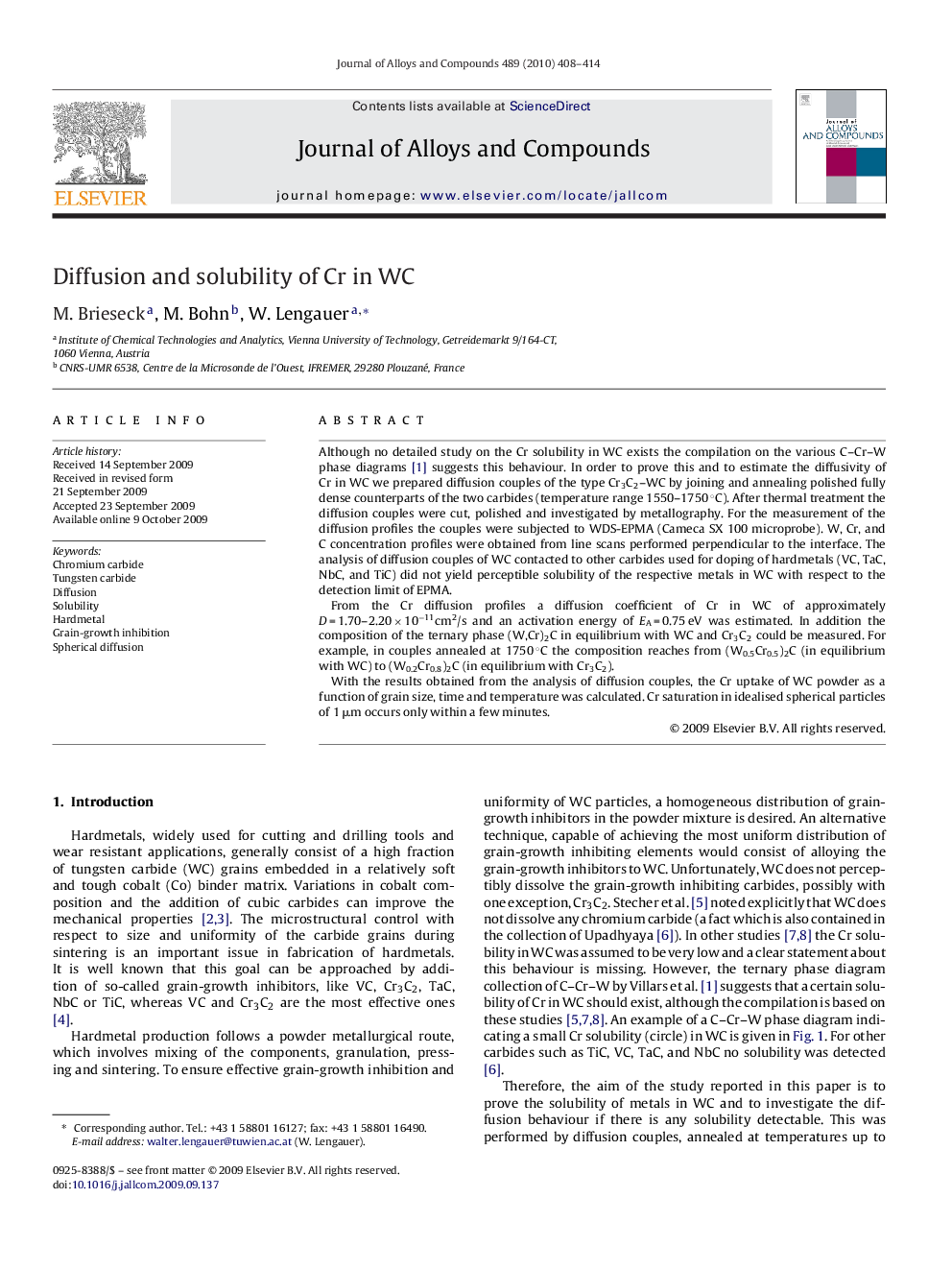 Diffusion and solubility of Cr in WC