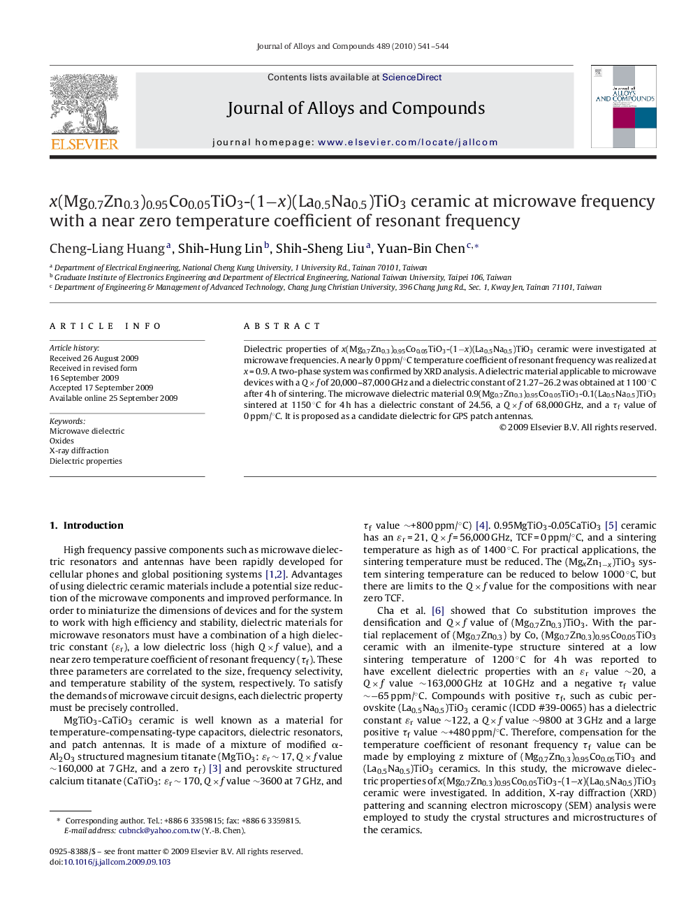 x(Mg0.7Zn0.3)0.95Co0.05TiO3-(1−x)(La0.5Na0.5)TiO3 ceramic at microwave frequency with a near zero temperature coefficient of resonant frequency