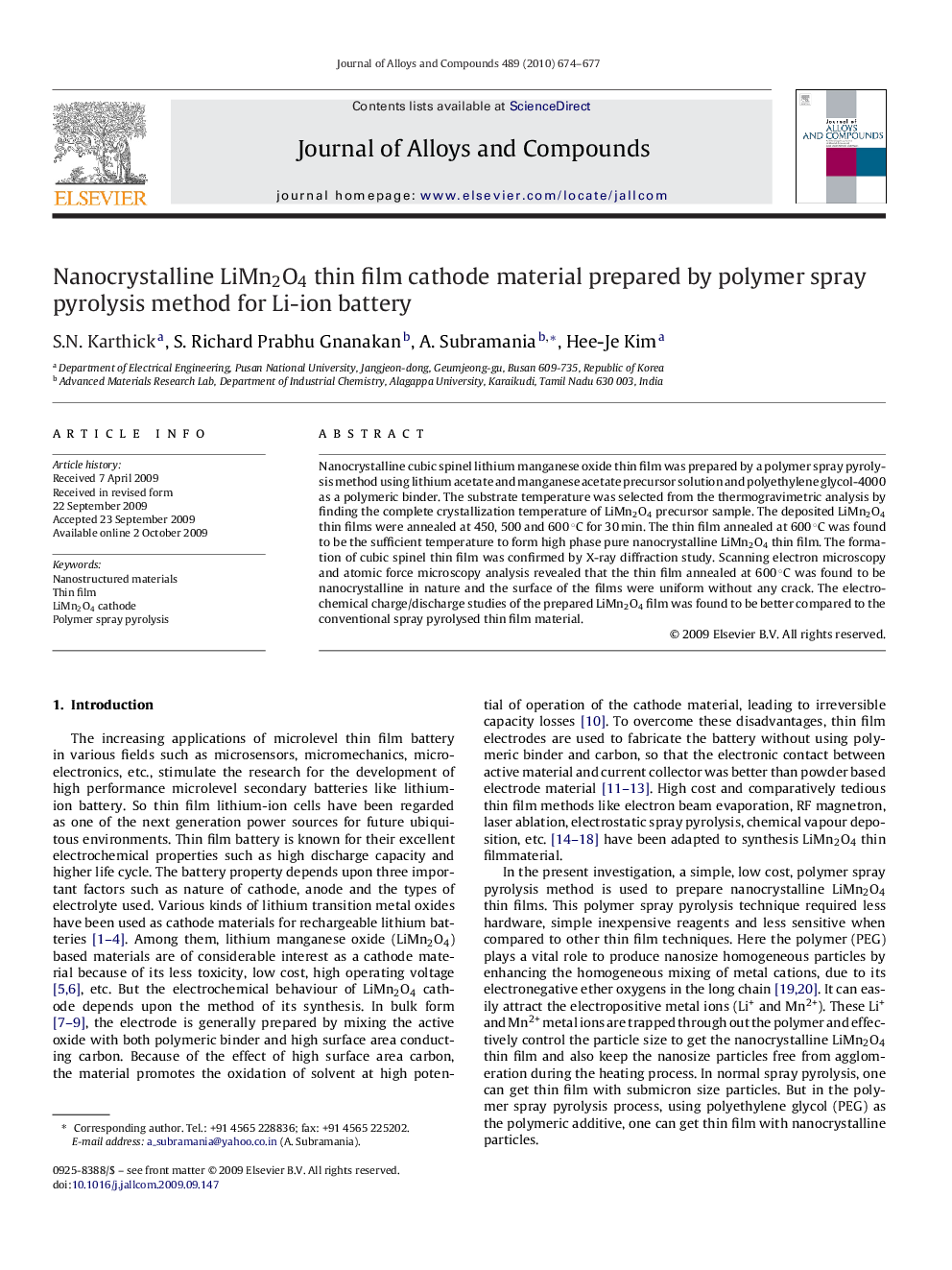 Nanocrystalline LiMn2O4 thin film cathode material prepared by polymer spray pyrolysis method for Li-ion battery