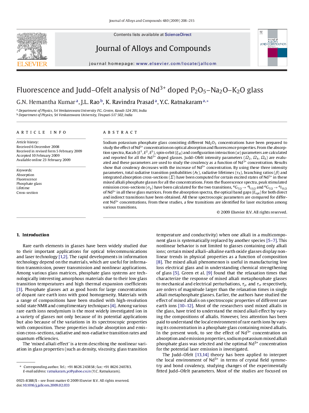 Fluorescence and Judd–Ofelt analysis of Nd3+ doped P2O5–Na2O–K2O glass