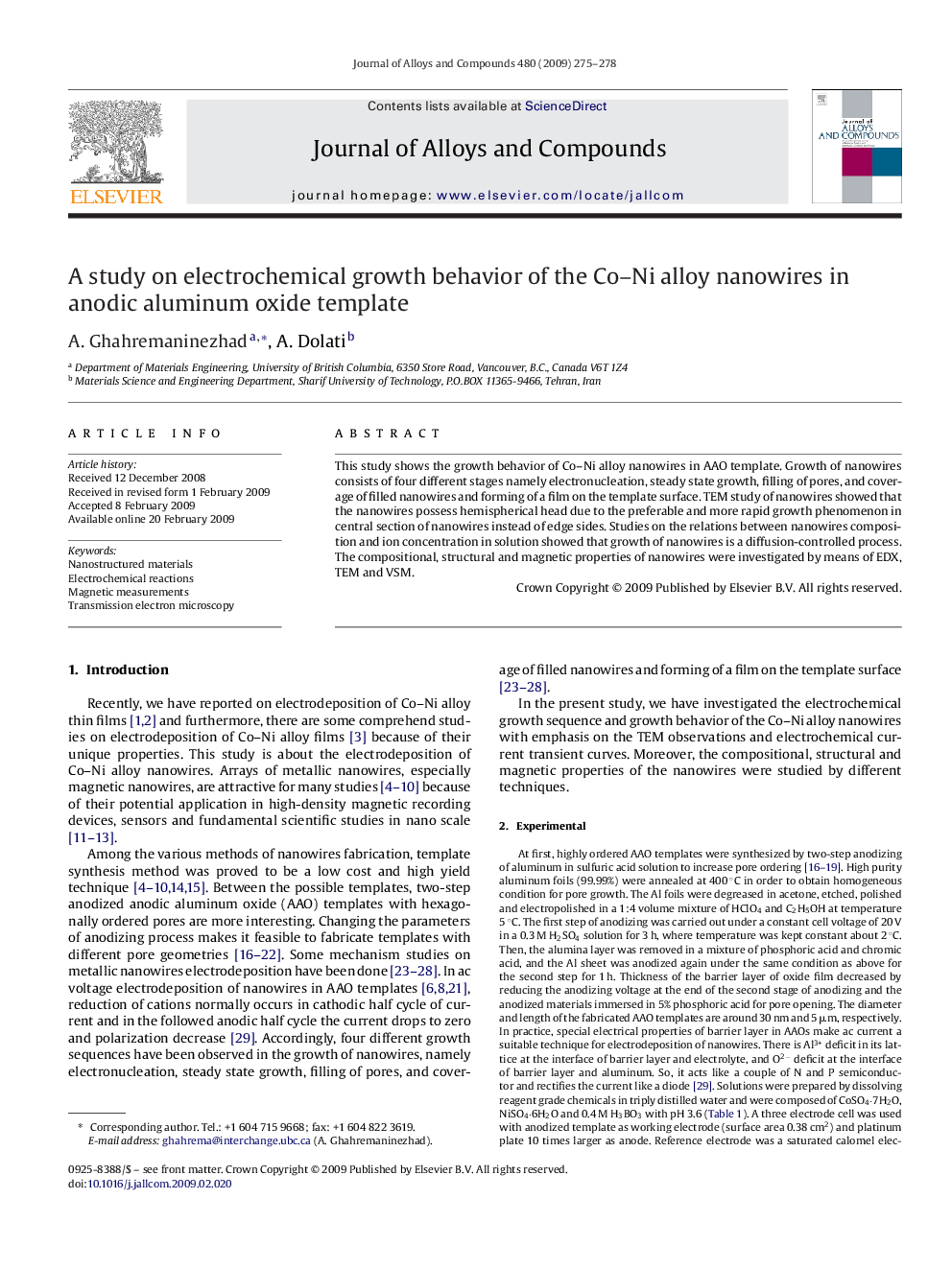 A study on electrochemical growth behavior of the Co–Ni alloy nanowires in anodic aluminum oxide template