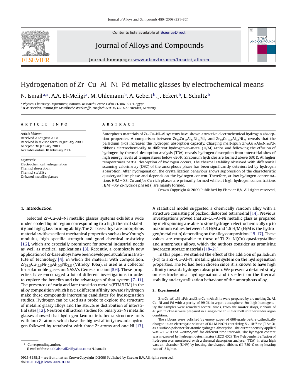 Hydrogenation of Zr–Cu–Al–Ni–Pd metallic glasses by electrochemical means