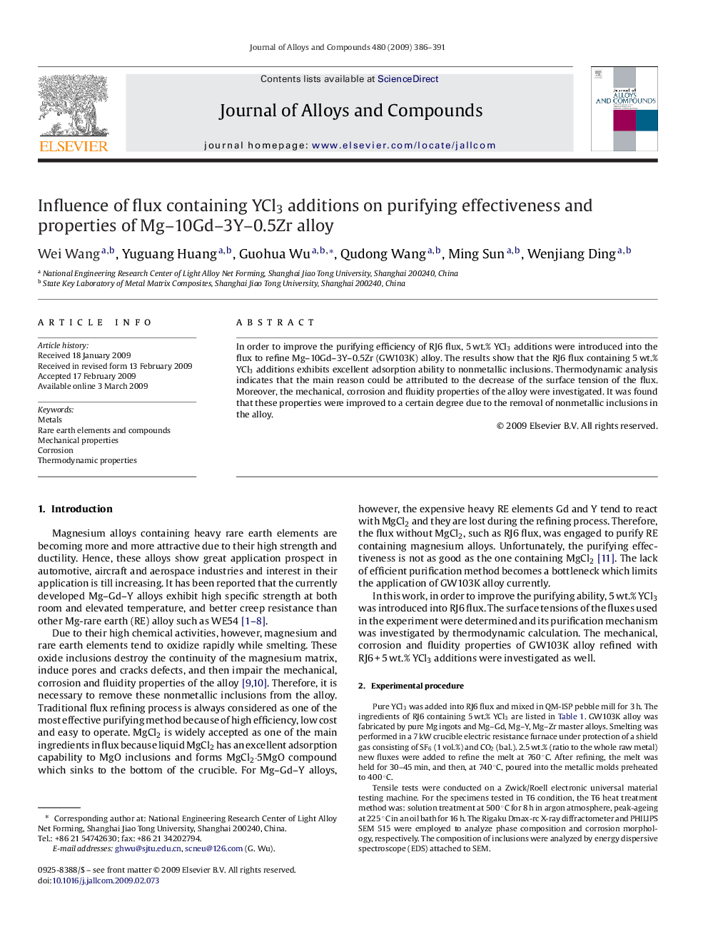 Influence of flux containing YCl3 additions on purifying effectiveness and properties of Mg–10Gd–3Y–0.5Zr alloy