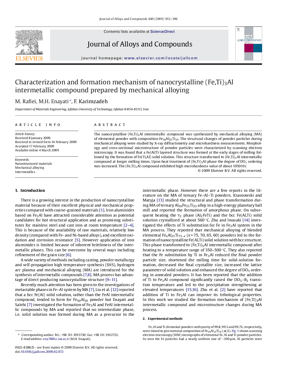 Characterization and formation mechanism of nanocrystalline (Fe,Ti)3Al intermetallic compound prepared by mechanical alloying