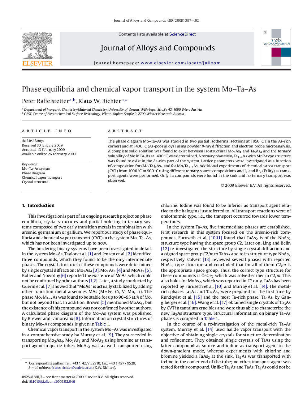 Phase equilibria and chemical vapor transport in the system Mo–Ta–As