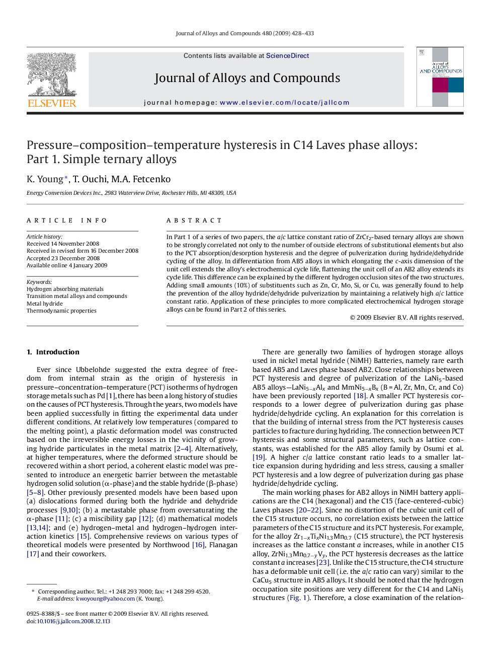 Pressure–composition–temperature hysteresis in C14 Laves phase alloys: Part 1. Simple ternary alloys