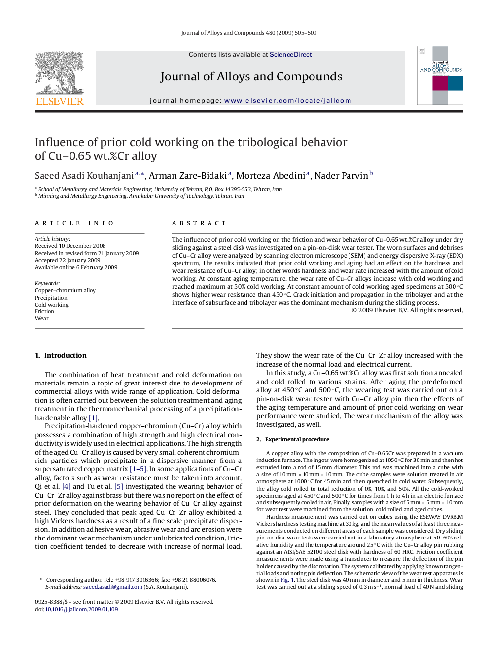 Influence of prior cold working on the tribological behavior of Cu–0.65 wt.%Cr alloy