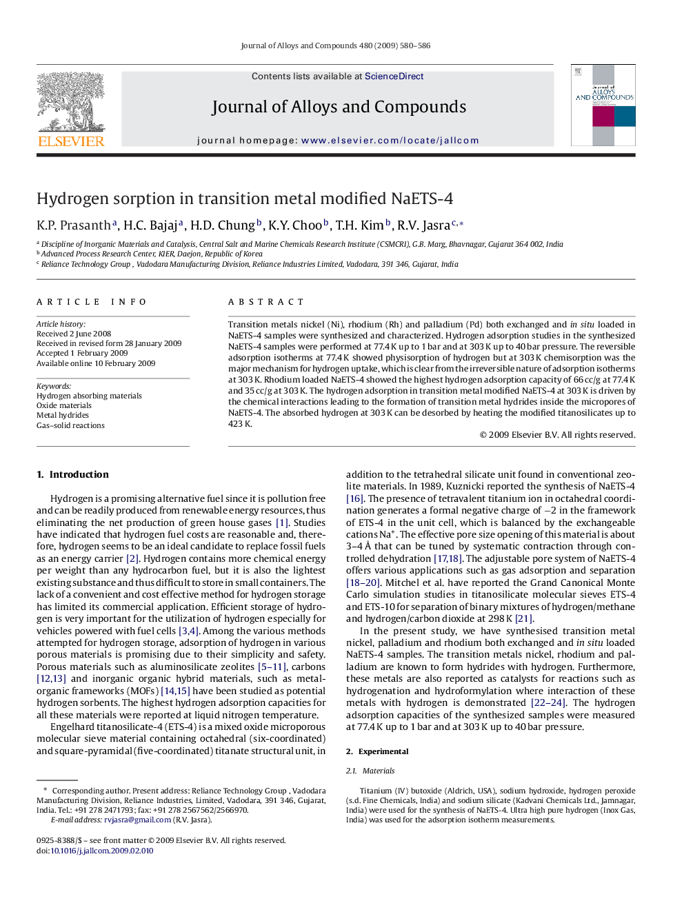 Hydrogen sorption in transition metal modified NaETS-4