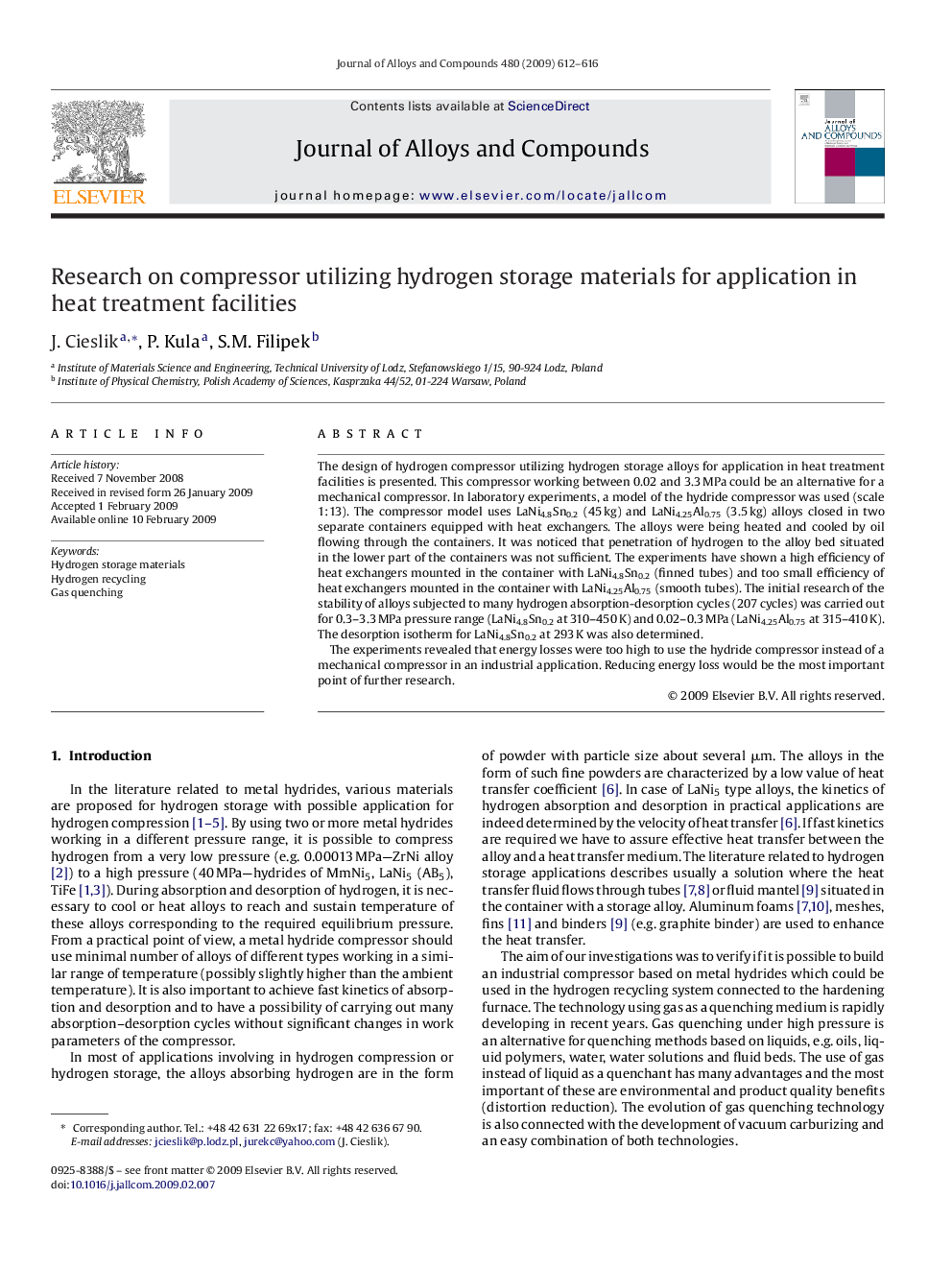 Research on compressor utilizing hydrogen storage materials for application in heat treatment facilities