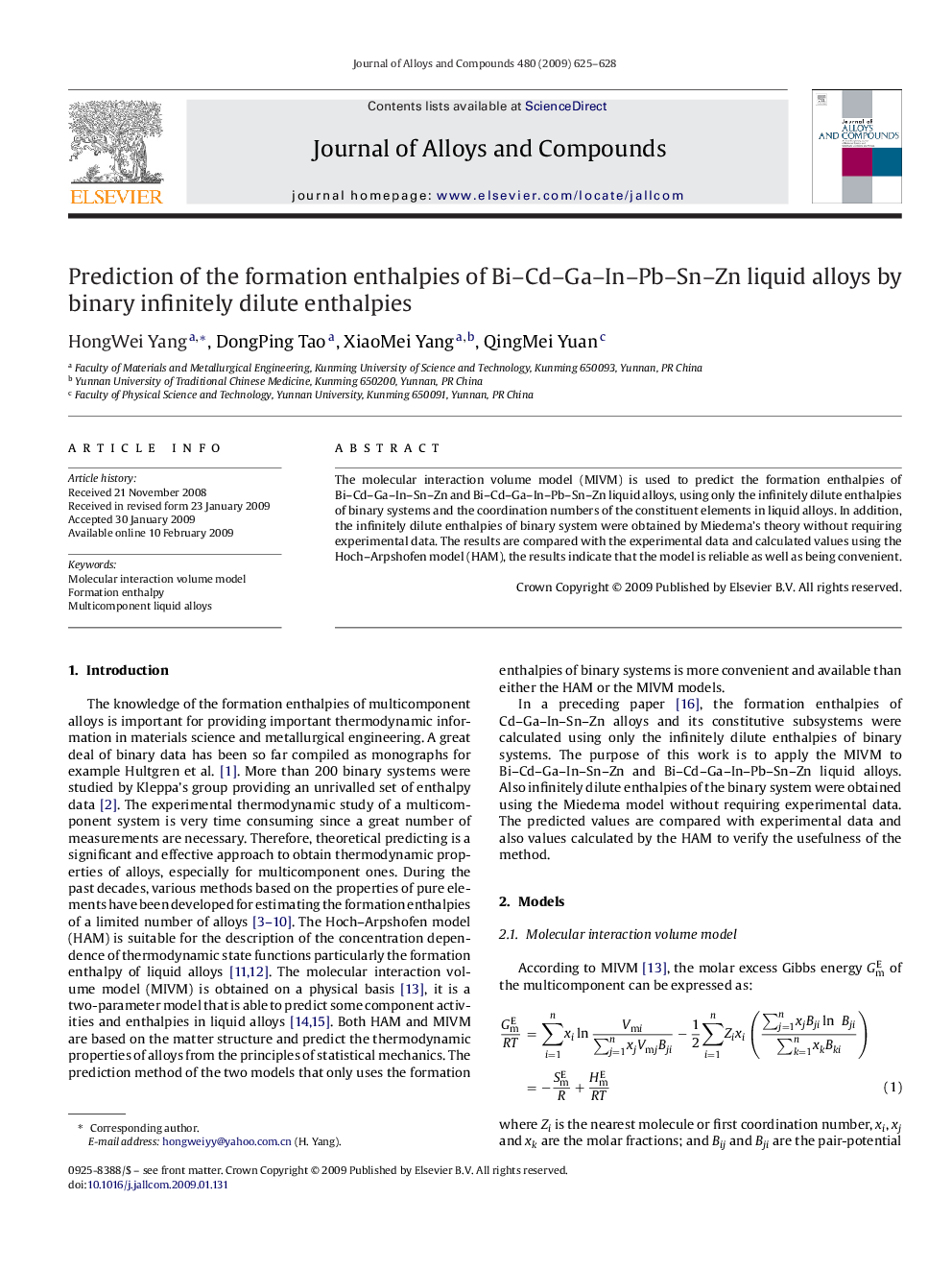 Prediction of the formation enthalpies of Bi–Cd–Ga–In–Pb–Sn–Zn liquid alloys by binary infinitely dilute enthalpies