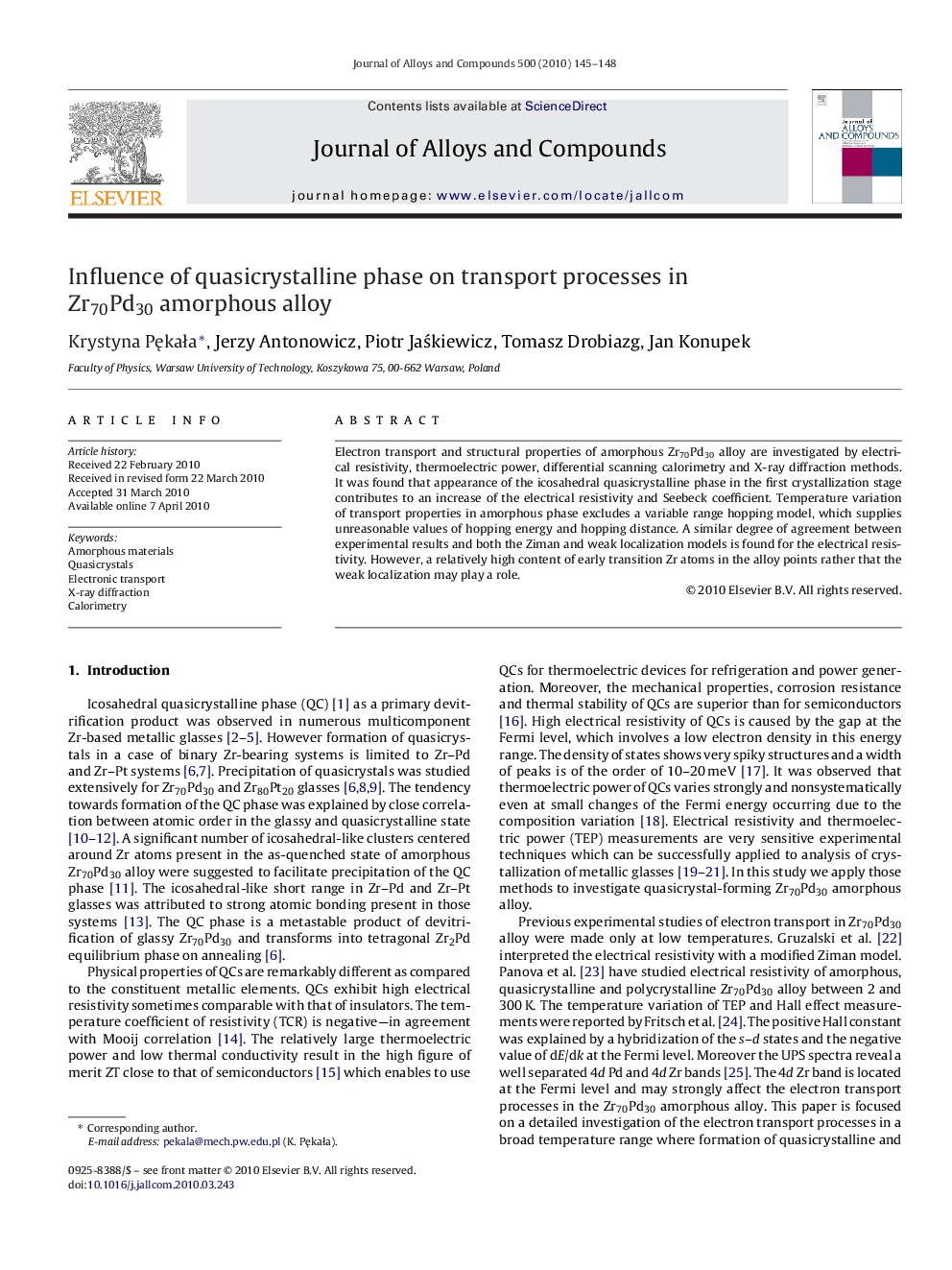 Influence of quasicrystalline phase on transport processes in Zr70Pd30 amorphous alloy